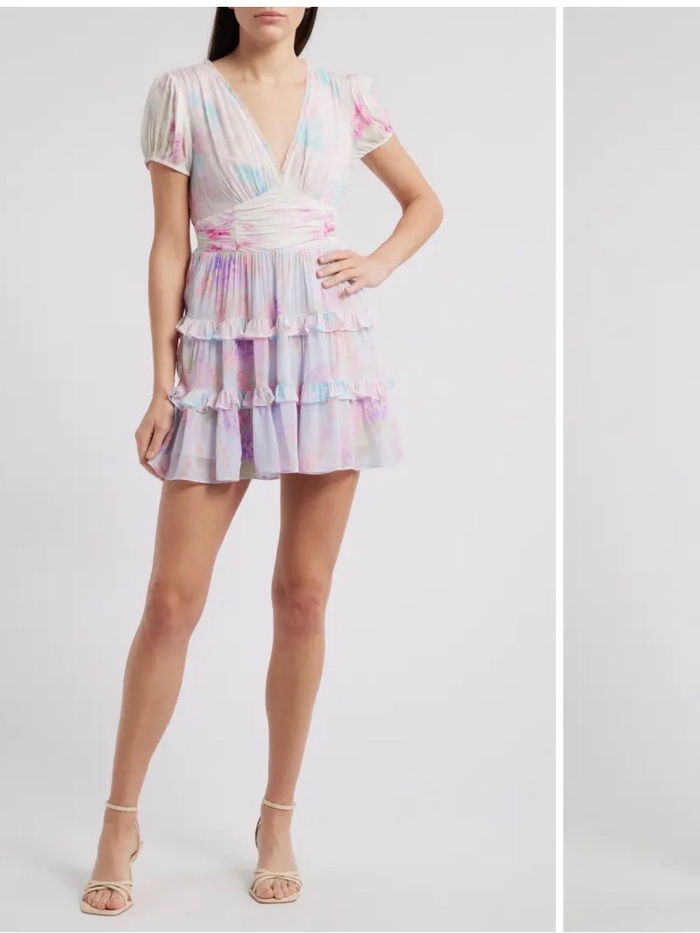 LoveShackFancy Pastel Watercolor V-Neck Ruffle Mini Dress - Pink Multi